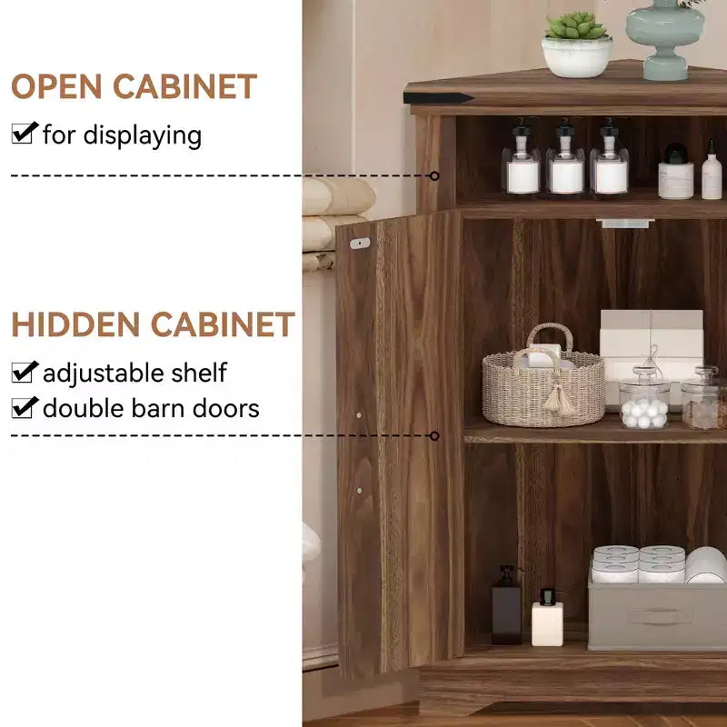 GustoWave Corner Bathroom Cabinet, Small Corner Cabinet with Barn Doors & Adjustable Shelf, Farmhouse Bathroom Table with Storage for Small Spaces