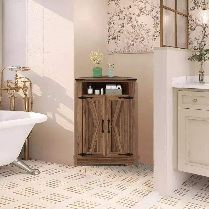 GustoWave Corner Bathroom Cabinet, Small Corner Cabinet with Barn Doors & Adjustable Shelf, Farmhouse Bathroom Table with Storage for Small Spaces