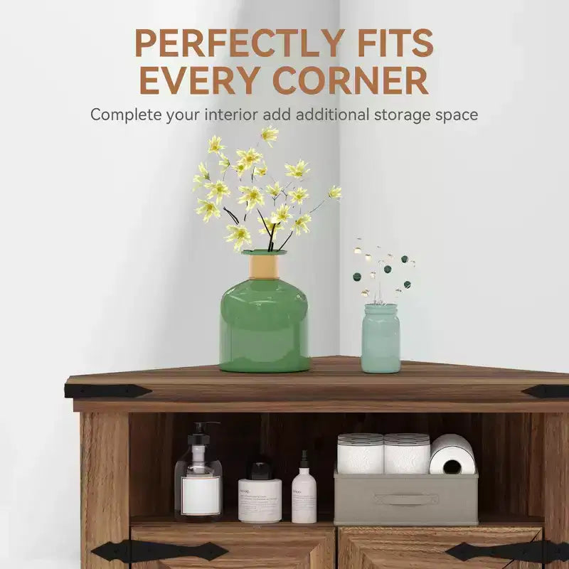 GustoWave Corner Bathroom Cabinet, Small Corner Cabinet with Barn Doors & Adjustable Shelf, Farmhouse Bathroom Table with Storage for Small Spaces