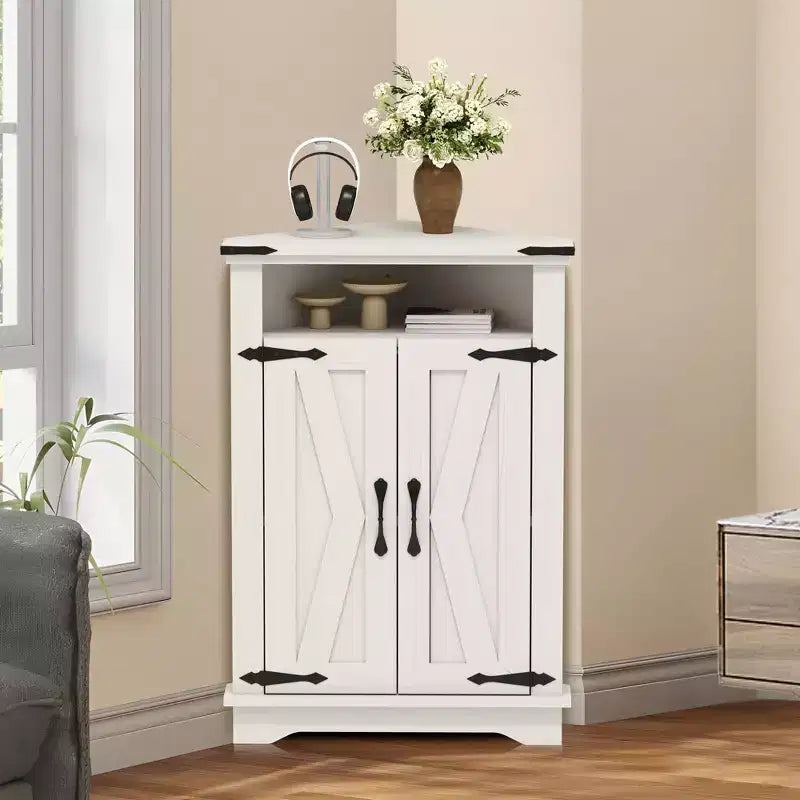GustoWave Corner Bathroom Cabinet, Small Corner Cabinet with Barn Doors & Adjustable Shelf, Farmhouse Bathroom Table with Storage for Small Spaces