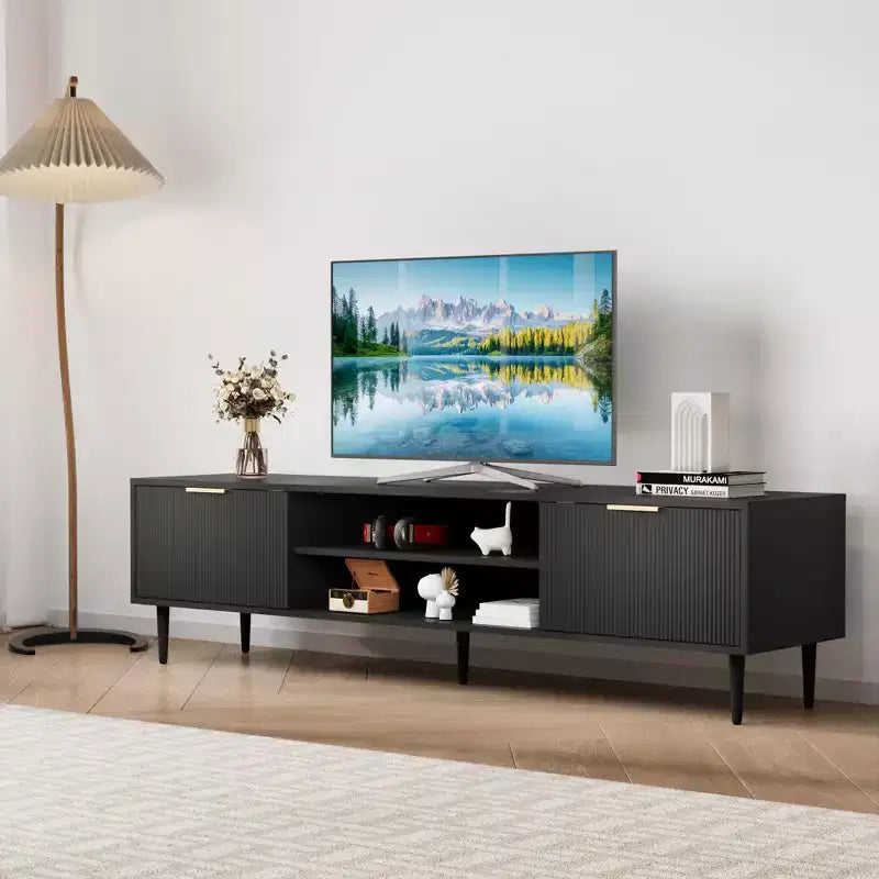 Black TV Stand, Modern Mid Century Entertainment Center with 2 Large Storage Cabinets, Media Console Table, Soft Hinge, Metal Handle Door