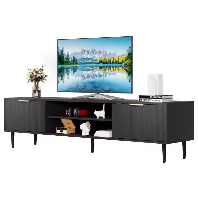 Black TV Stand, Modern Mid Century Entertainment Center with 2 Large Storage Cabinets, Media Console Table, Soft Hinge, Metal Handle Door