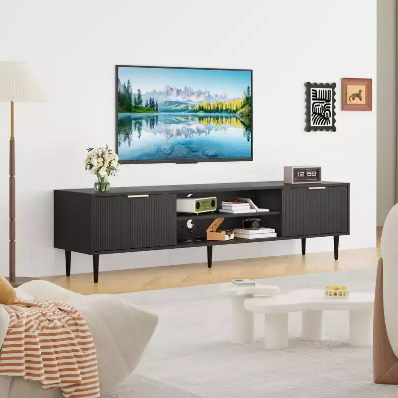 Black TV Stand, Modern Mid Century Entertainment Center with 2 Large Storage Cabinets, Media Console Table, Soft Hinge, Metal Handle Door