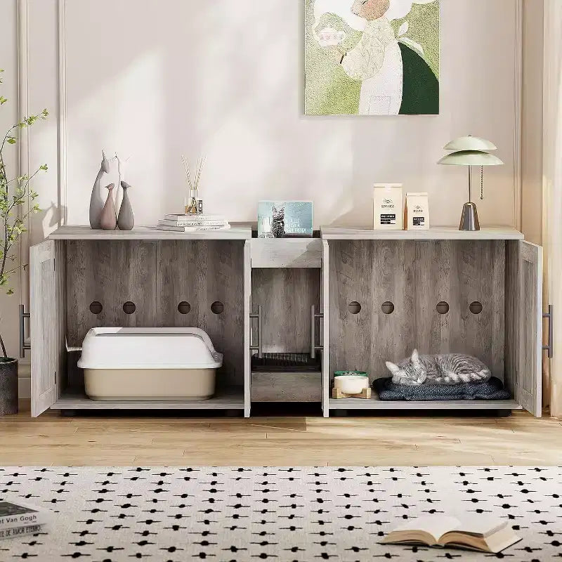 Acekool Cat Litter Box Enclosure, Large Hidden Litter Cabinet with Scratching Pad & Storage Top, 55inch