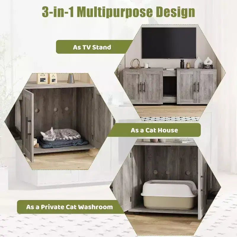 Acekool Cat Litter Box Enclosure, Large Hidden Litter Cabinet with Scratching Pad & Storage Top, 55inch