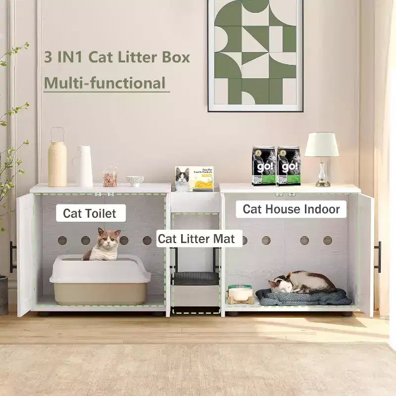 Acekool Cat Litter Box Enclosure, Large Hidden Litter Cabinet with Scratching Pad & Storage Top, 55inch