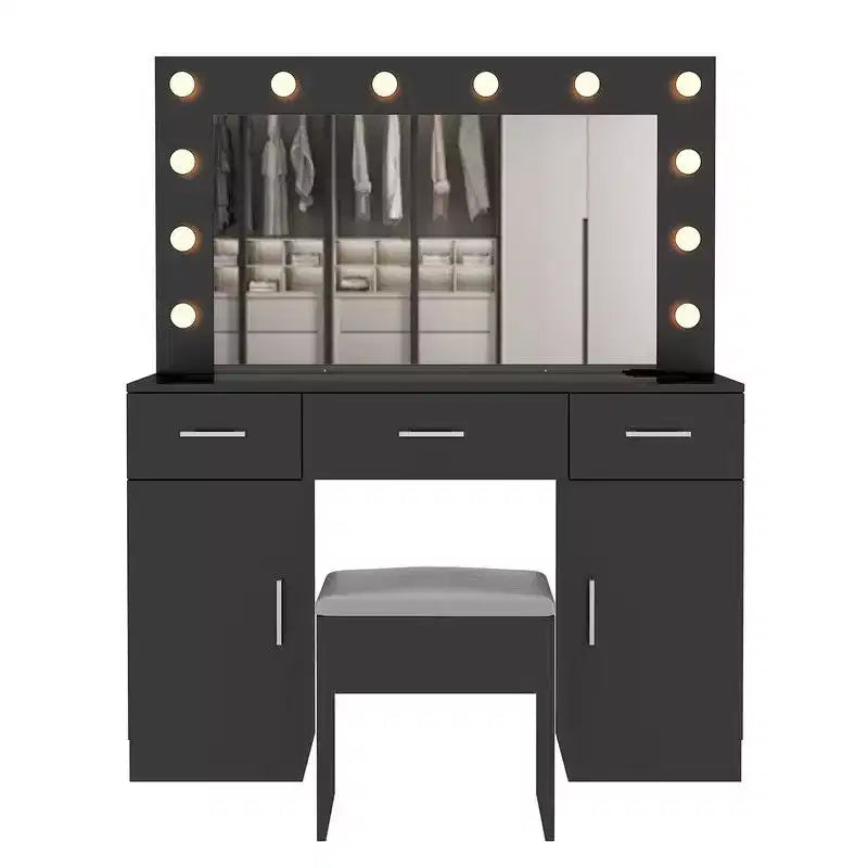 Black Linen Particleboard with Triamine 3 Drawers, 2 Doors, with 12 Tri-color Dimmable Light Bulbs, Rows of Plugs, Glass-topped Vanity Table Set