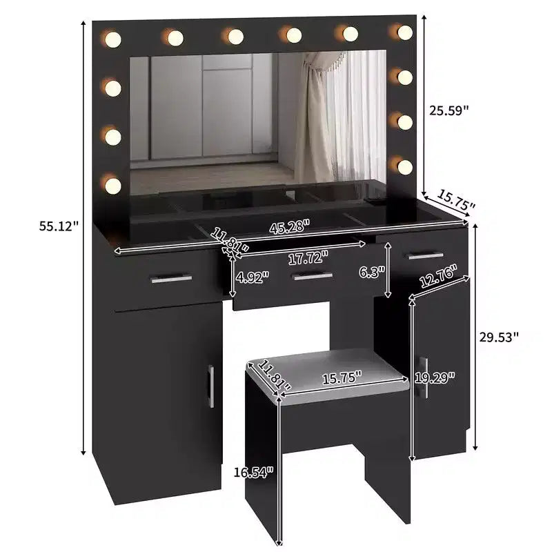 Black Linen Particleboard with Triamine 3 Drawers, 2 Doors, with 12 Tri-color Dimmable Light Bulbs, Rows of Plugs, Glass-topped Vanity Table Set