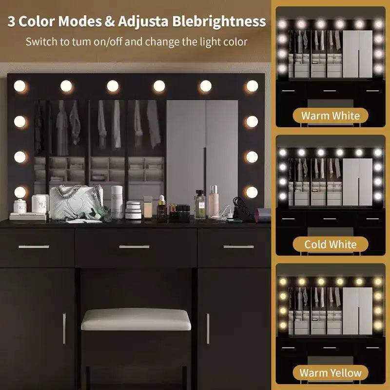 Black Linen Particleboard with Triamine 3 Drawers, 2 Doors, with 12 Tri-color Dimmable Light Bulbs, Rows of Plugs, Glass-topped Vanity Table Set