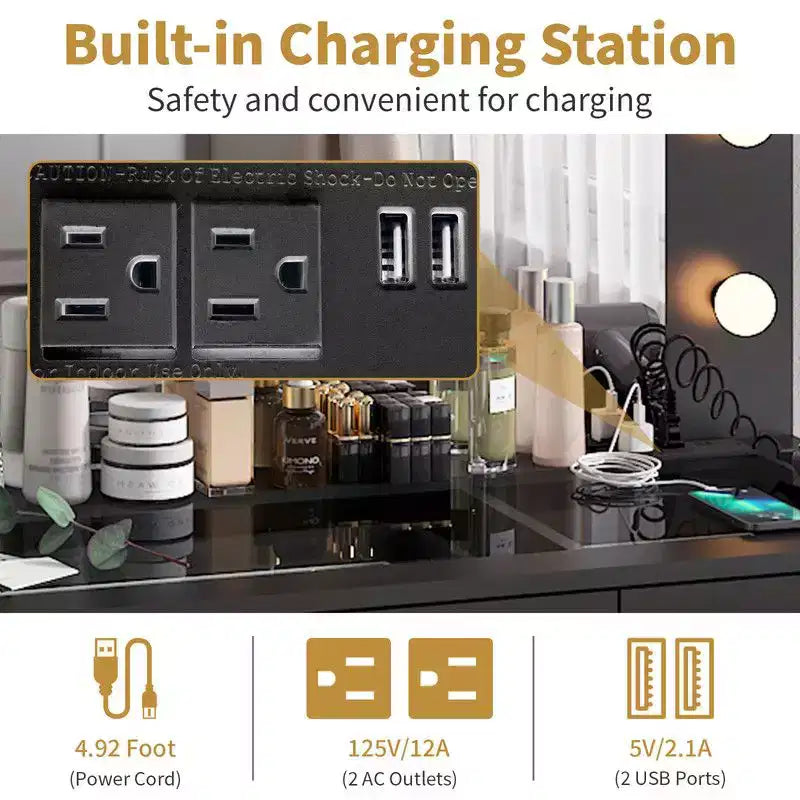 Black Linen Particleboard with Triamine 3 Drawers, 2 Doors, with 12 Tri-color Dimmable Light Bulbs, Rows of Plugs, Glass-topped Vanity Table Set