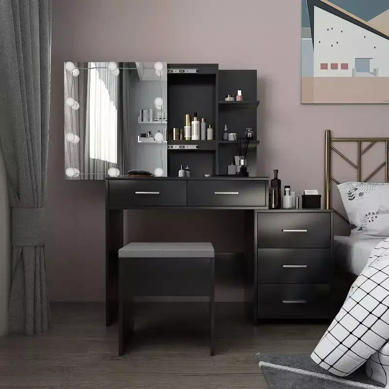 Black Linen Particleboard with Triclosan 5 Drawers 2 Shelves Sliding Door Mirror Cabinet with Tri-color Dimmable Bulb Lamp Dressing Table Set