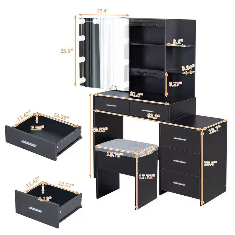 Black Linen Particleboard with Triclosan 5 Drawers 2 Shelves Sliding Door Mirror Cabinet with Tri-color Dimmable Bulb Lamp Dressing Table Set