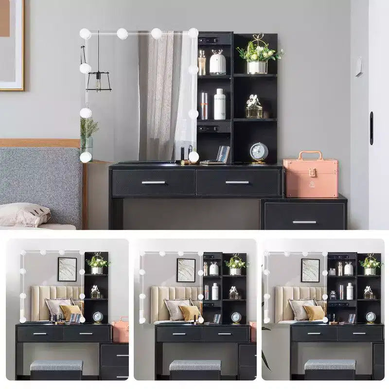 Black Linen Particleboard with Triclosan 5 Drawers 2 Shelves Sliding Door Mirror Cabinet with Tri-color Dimmable Bulb Lamp Dressing Table Set