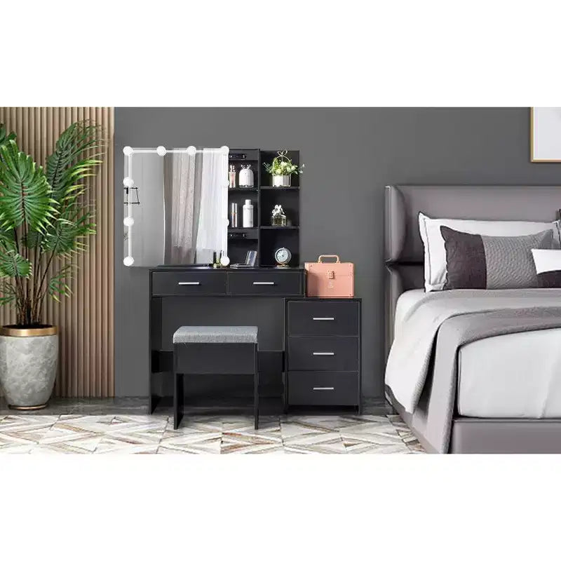 Black Linen Particleboard with Triclosan 5 Drawers 2 Shelves Sliding Door Mirror Cabinet with Tri-color Dimmable Bulb Lamp Dressing Table Set