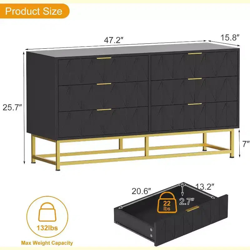 Coolmee 6 Drawer Dresser, Modern Dresser Drawers, Drawer Organizer with Metal Legs, Storage Chest Cabinet for Bedroom, Living Room, Hallway, Closet
