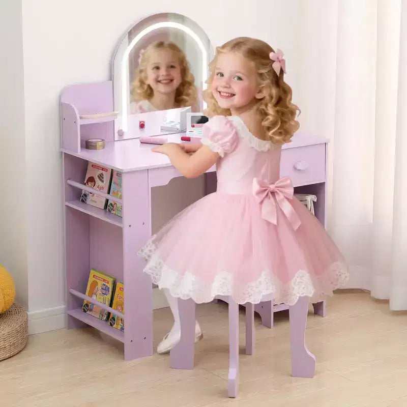 GustoWave Kids Vanity with Mirror & Stool, Bookshelf, Storage Drawer & Shelves for Girls 3-9, Purple