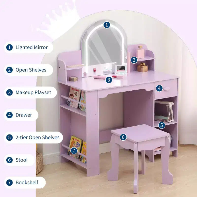 GustoWave Kids Vanity with Mirror & Stool, Bookshelf, Storage Drawer & Shelves for Girls 3-9, Purple