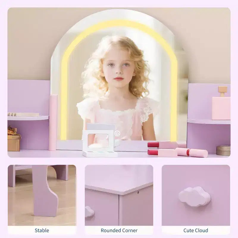 GustoWave Kids Vanity with Mirror & Stool, Bookshelf, Storage Drawer & Shelves for Girls 3-9, Purple