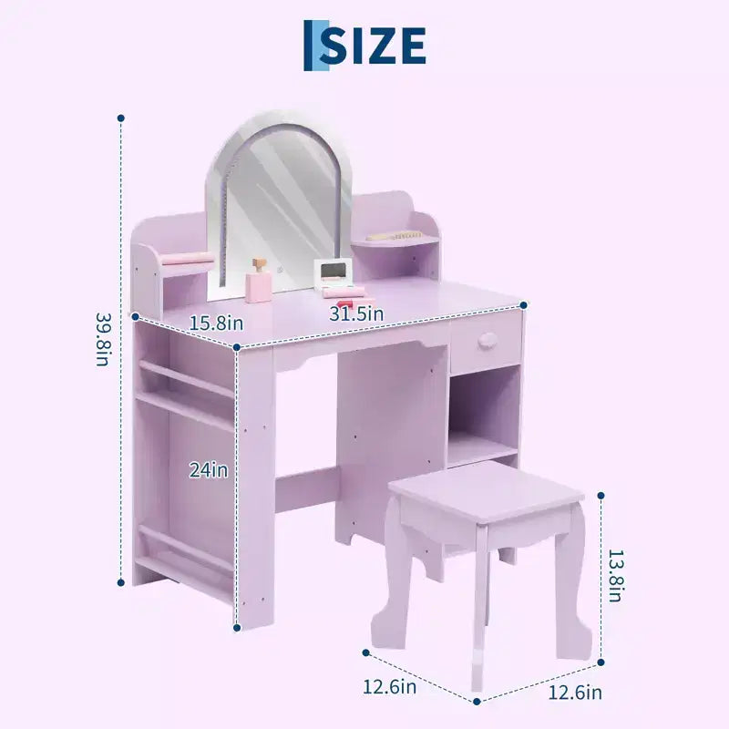GustoWave Kids Vanity with Mirror & Stool, Bookshelf, Storage Drawer & Shelves for Girls 3-9, Purple