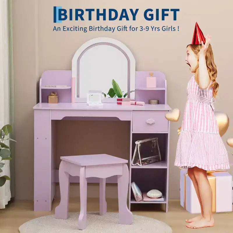 GustoWave Kids Vanity with Mirror & Stool, Bookshelf, Storage Drawer & Shelves for Girls 3-9, Purple