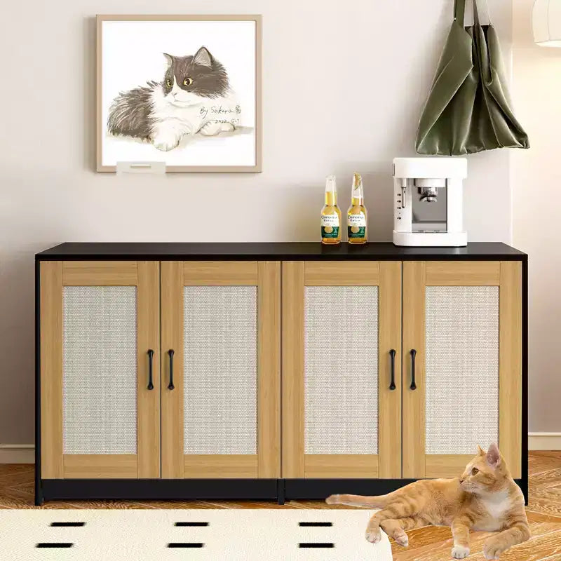 Double Litter Box Enclosure Furniture for 2 Cats | 47.2 Large Hidden Cabinet with Sisal Doors, Multi-Functional Cat TV Stand/Side Table