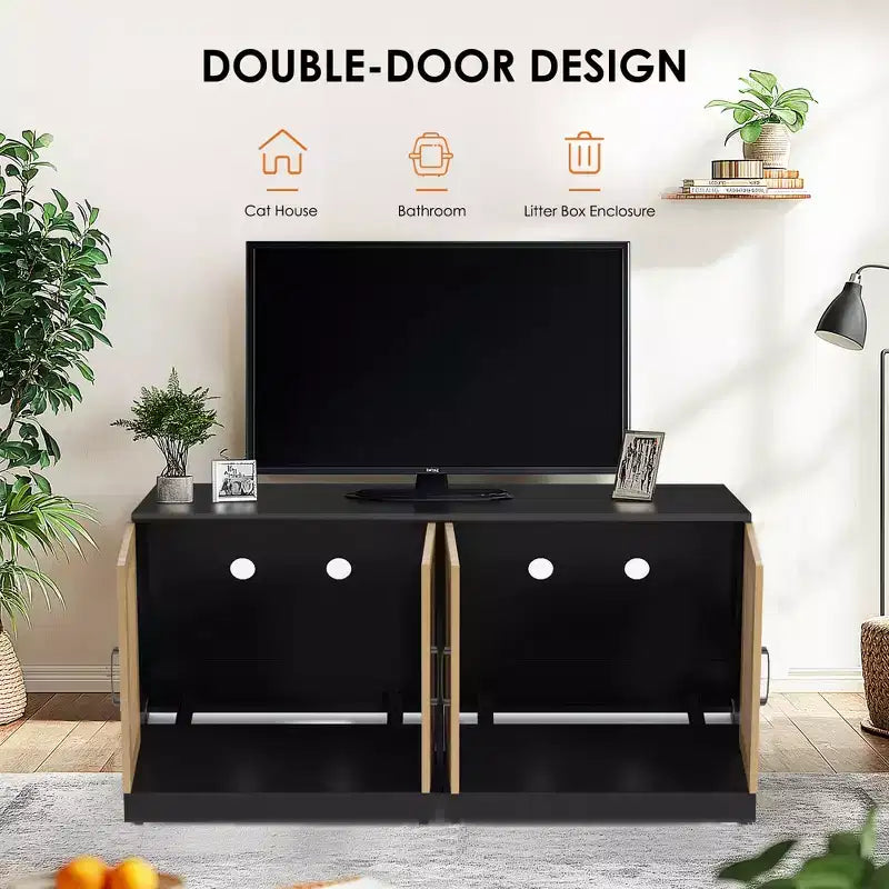 Double Litter Box Enclosure Furniture for 2 Cats | 47.2 Large Hidden Cabinet with Sisal Doors, Multi-Functional Cat TV Stand/Side Table