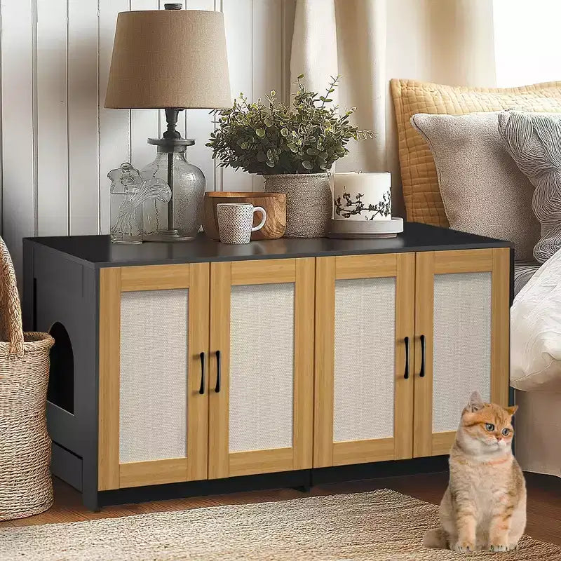 Double Litter Box Enclosure Furniture for 2 Cats | 47.2 Large Hidden Cabinet with Sisal Doors, Multi-Functional Cat TV Stand/Side Table