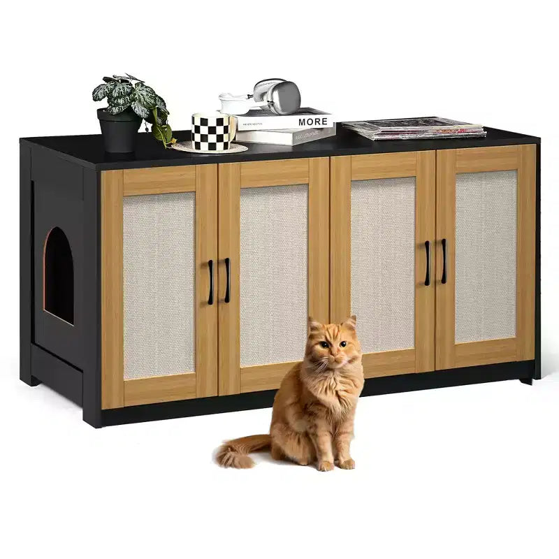 Double Litter Box Enclosure Furniture for 2 Cats | 47.2 Large Hidden Cabinet with Sisal Doors, Multi-Functional Cat TV Stand/Side Table