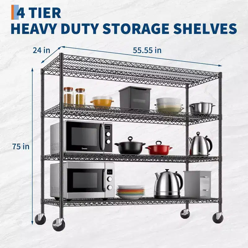 Adjustable Metal Shelf, Utility Storage Rack with Wheels, Heavy Duty Layer Rack for Laundry Restaurant Garage Pantry Kitchen Garage