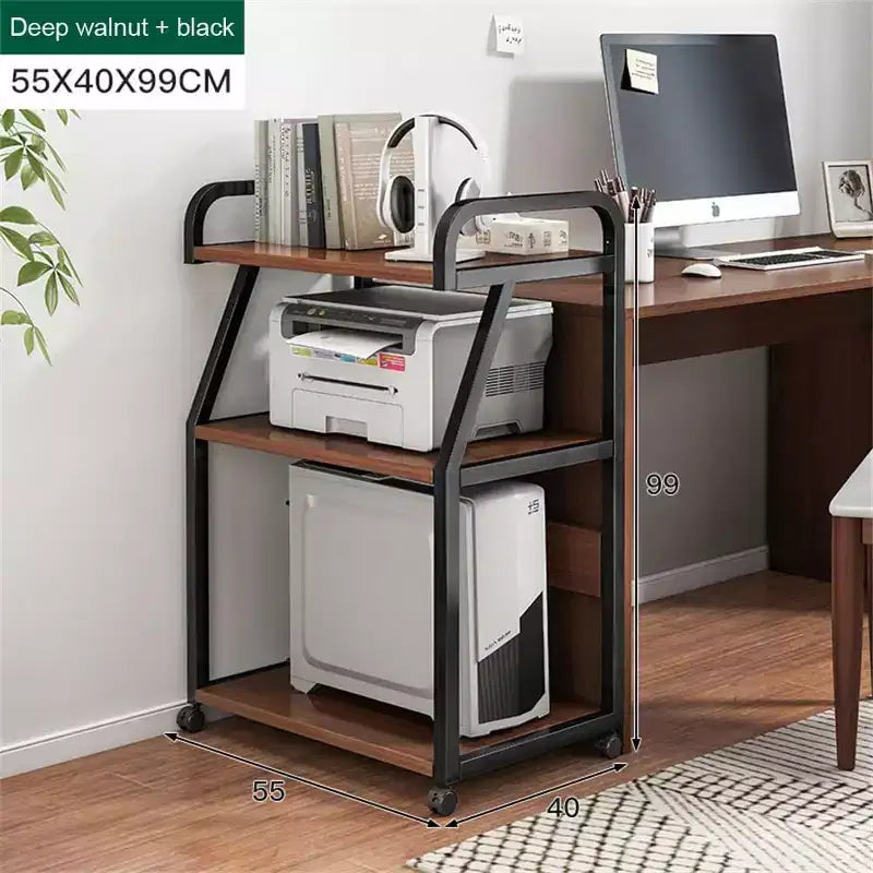 3 Tier Book Shelf on Wheels, Display Table with Storage Shelf, Rolling Printer Cart, Rustic Brown Book Stand for Office, Bookcase with Open Shelf