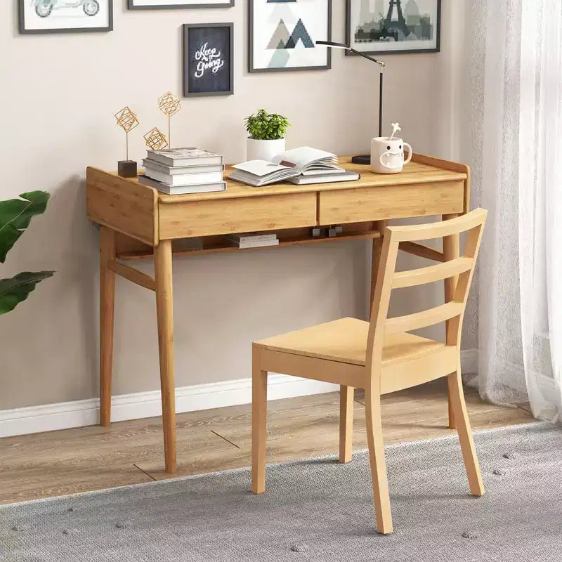 Costway Bamboo Writing Desk 39.5 Computer Study Desk with 2 Storage Drawers & Open Shelf
