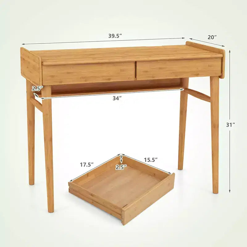 Costway Bamboo Writing Desk 39.5 Computer Study Desk with 2 Storage Drawers & Open Shelf
