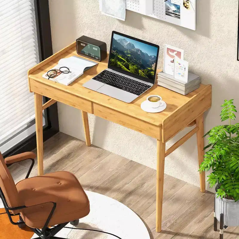 Costway Bamboo Writing Desk 39.5 Computer Study Desk with 2 Storage Drawers & Open Shelf