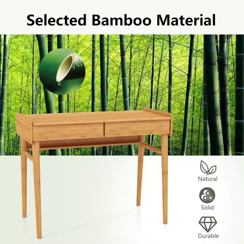 Costway Bamboo Writing Desk 39.5 Computer Study Desk with 2 Storage Drawers & Open Shelf