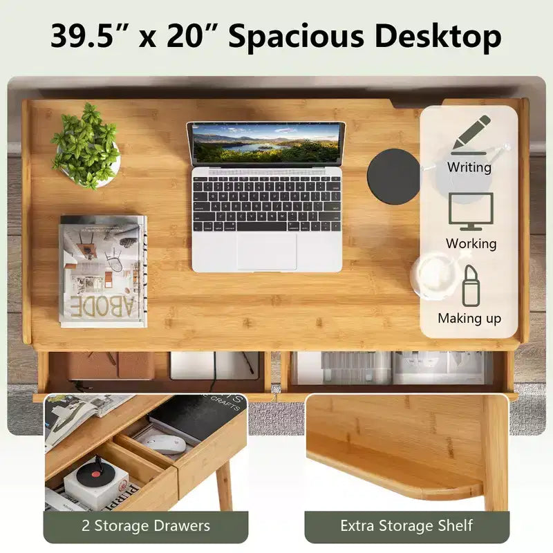 Costway Bamboo Writing Desk 39.5 Computer Study Desk with 2 Storage Drawers & Open Shelf