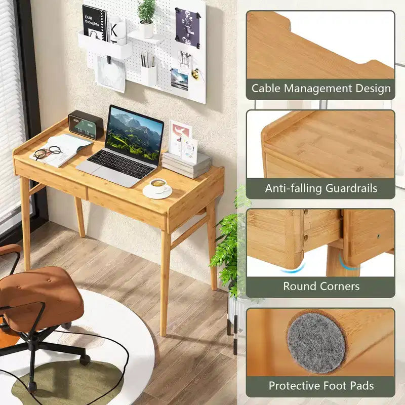 Costway Bamboo Writing Desk 39.5 Computer Study Desk with 2 Storage Drawers & Open Shelf