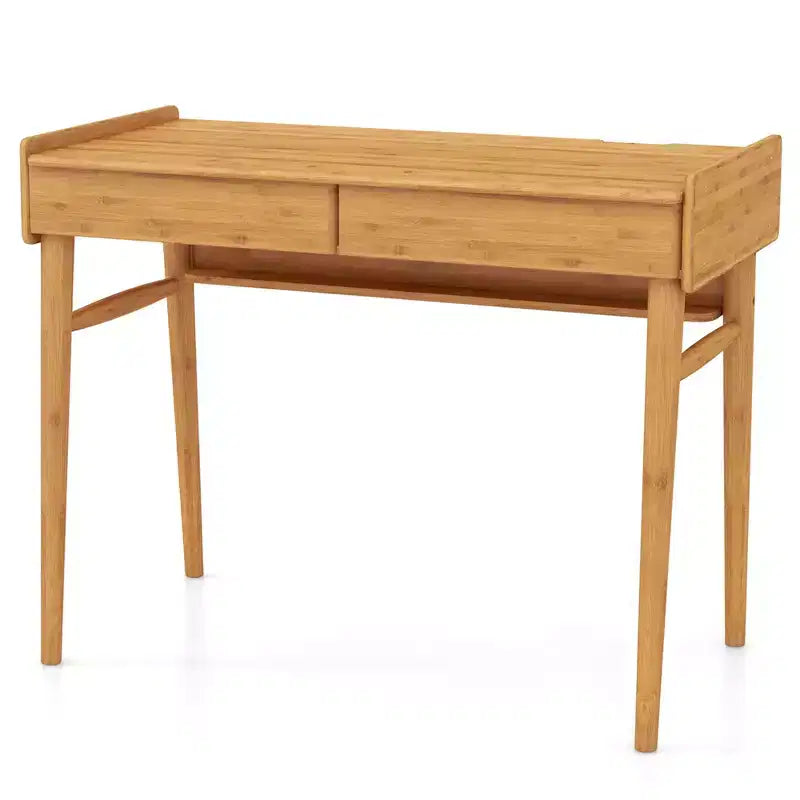 Costway Bamboo Writing Desk 39.5 Computer Study Desk with 2 Storage Drawers & Open Shelf