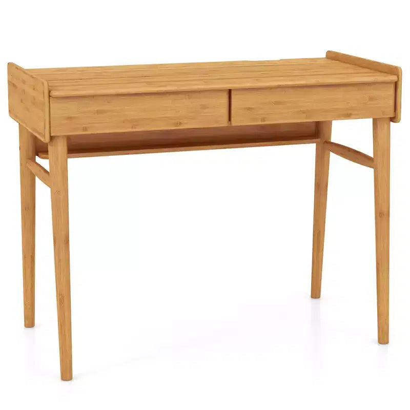 Costway Bamboo Writing Desk 39.5 Computer Study Desk with 2 Storage Drawers & Open Shelf
