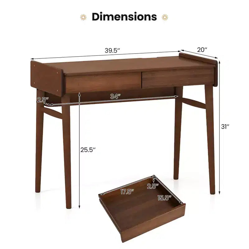 Costway Bamboo Writing Desk 39.5 Computer Study Desk with 2 Storage Drawers & Open Shelf