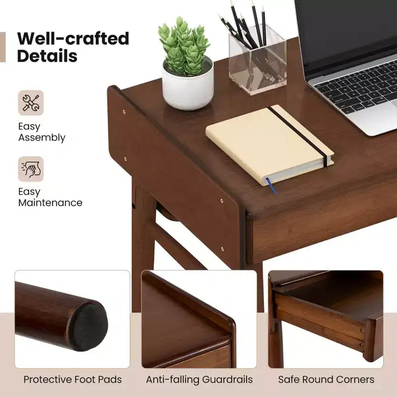 Costway Bamboo Writing Desk 39.5 Computer Study Desk with 2 Storage Drawers & Open Shelf