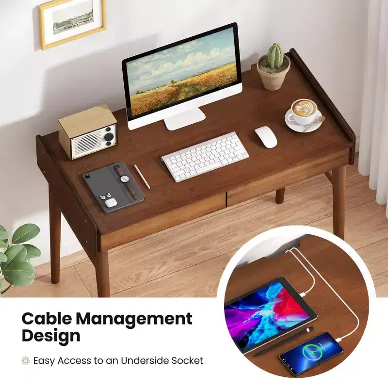 Costway Bamboo Writing Desk 39.5 Computer Study Desk with 2 Storage Drawers & Open Shelf