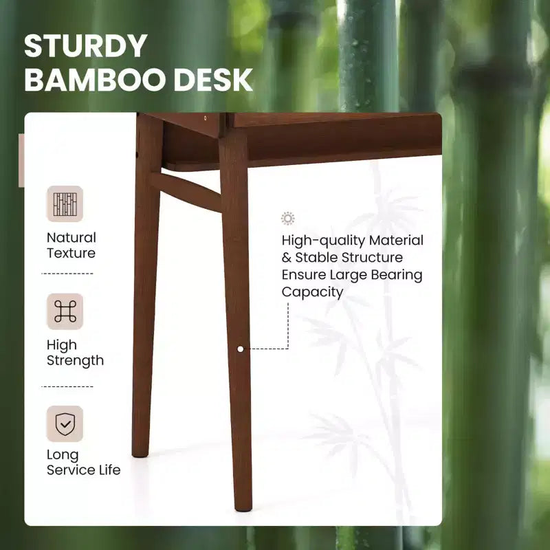 Costway Bamboo Writing Desk 39.5 Computer Study Desk with 2 Storage Drawers & Open Shelf