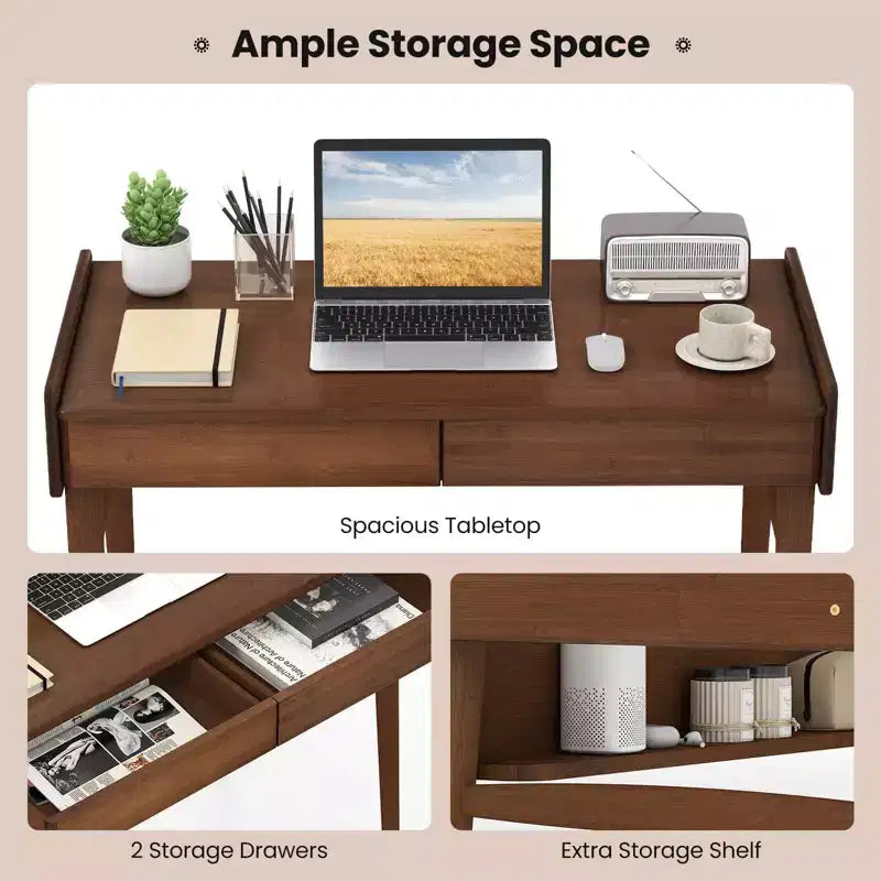 Costway Bamboo Writing Desk 39.5 Computer Study Desk with 2 Storage Drawers & Open Shelf