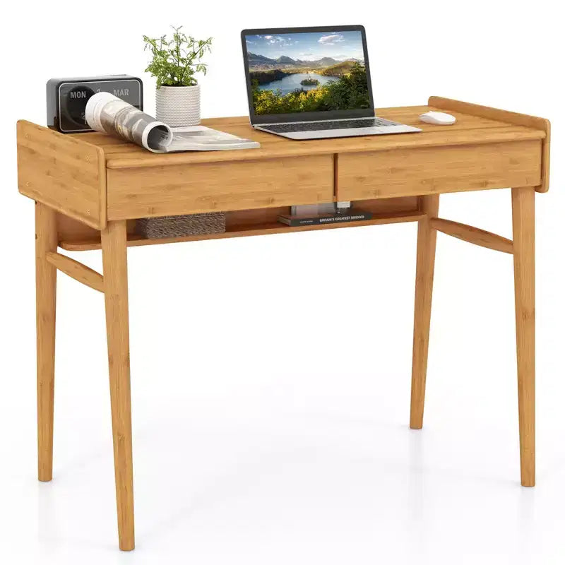 Costway Bamboo Writing Desk 39.5 Computer Study Desk with 2 Storage Drawers & Open Shelf