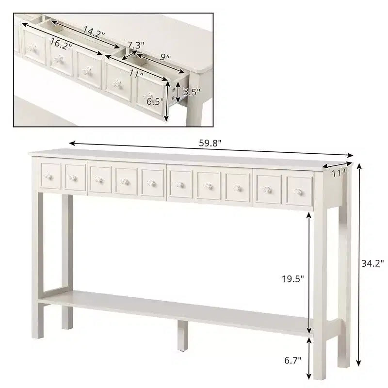 2 Tiers with 4 Drawers MDF Board 152.5*28*86.4cm Vintage White Entryway Table