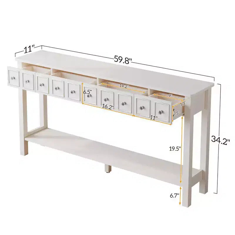 2 Tiers with 4 Drawers MDF Board 152.5*28*86.4cm Vintage White Entryway Table