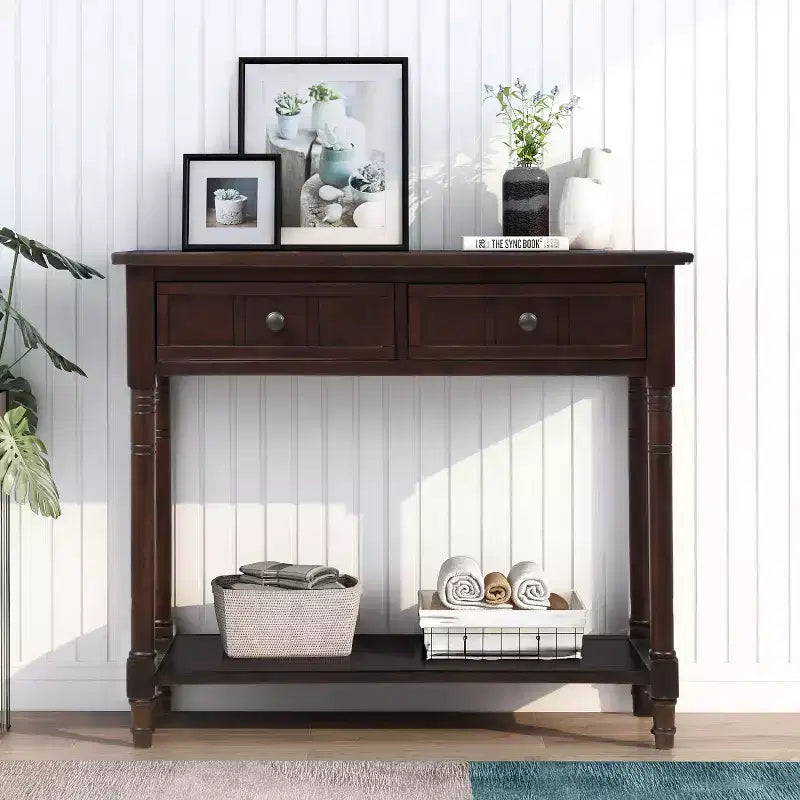 Farmhouse Console Table Sideboard Wooden Sofa Table with 2 Drawers and Bottom Shelf for Living Room