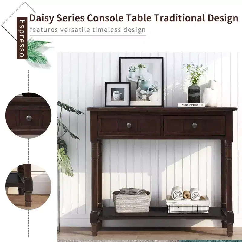 Farmhouse Console Table Sideboard Wooden Sofa Table with 2 Drawers and Bottom Shelf for Living Room