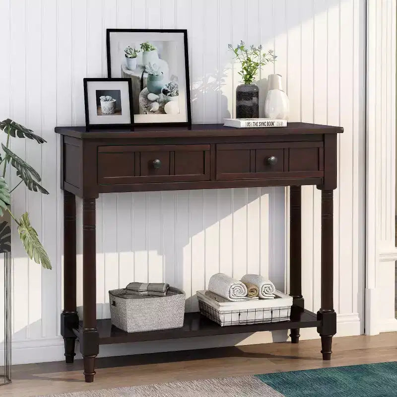 Farmhouse Console Table Sideboard Wooden Sofa Table with 2 Drawers and Bottom Shelf for Living Room