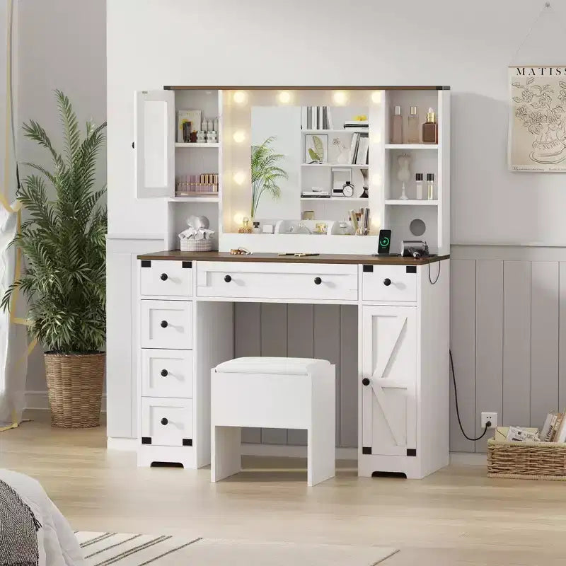 GustoWave Makeup Vanity and Stool, Vanity Desk with Lights, White Vanity Table with Charging Station, 6 Drawers and Cabinets